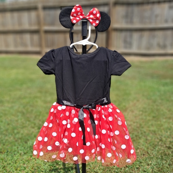 ⚫️ 🔴 ⚪️ Black Top Red And White Polka-dot Dress With Mouse Ears Headband - Picture 2 of 5